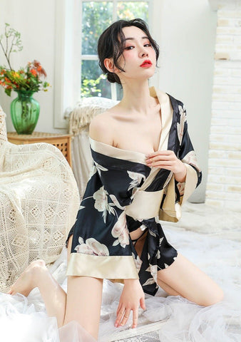 floral japanese kimono satin robe - 0