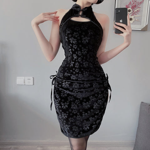 secret black open sided mini dress qipao